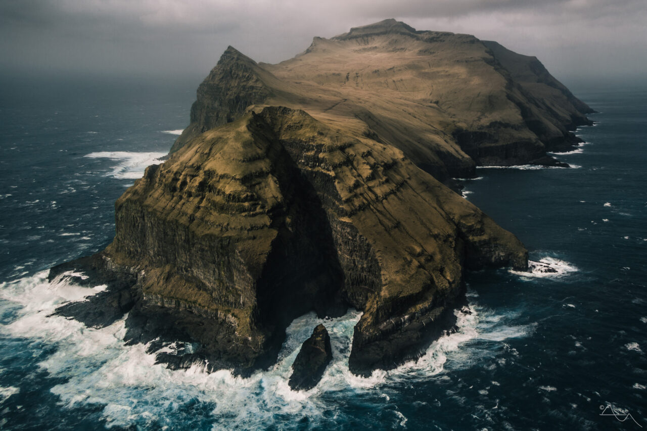 droneshot of mykines island faroe islands